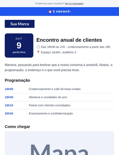 Lembrete de evento (agenda + mapa) — Eventos